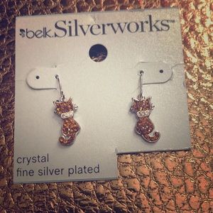Silver/orange cat dangle earrings
